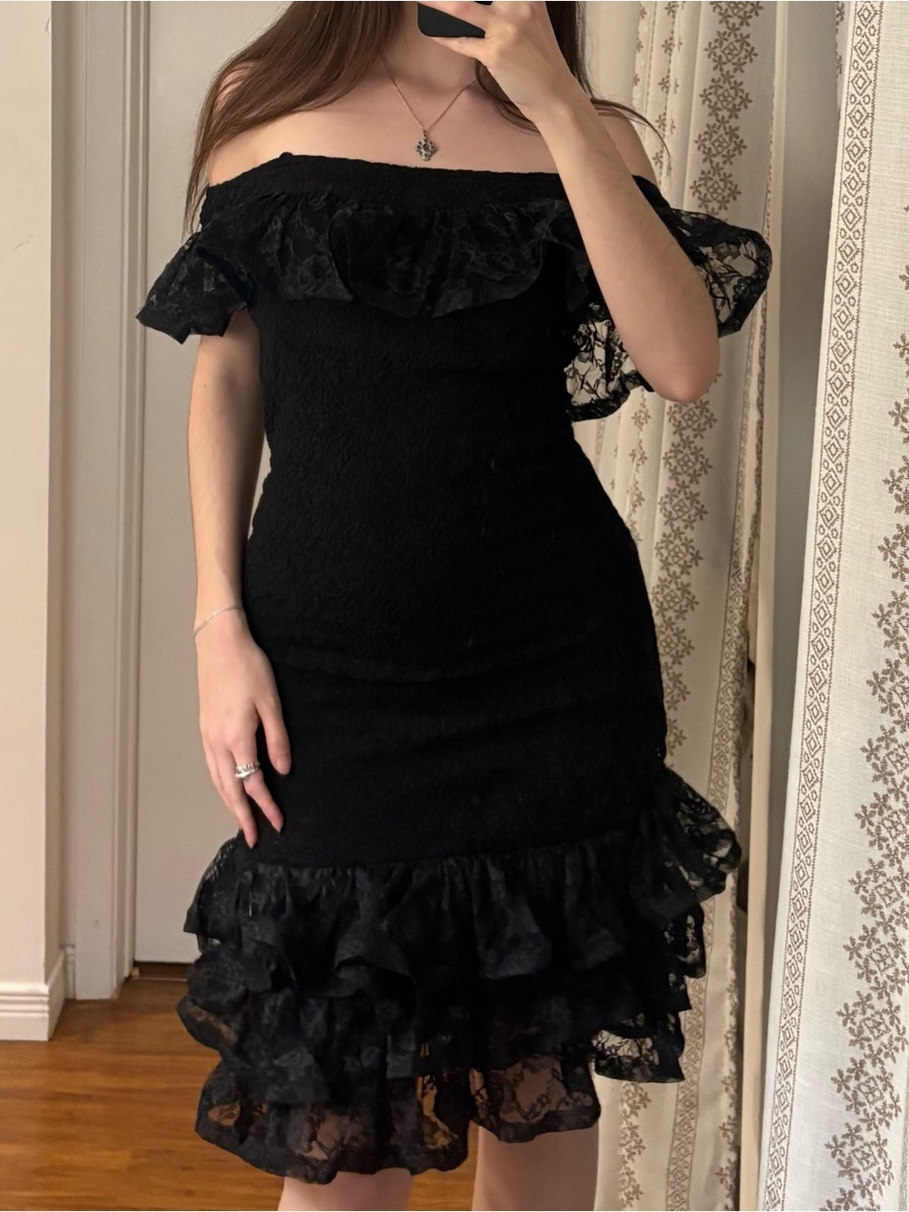 vintage 80s black lace ruffle dress